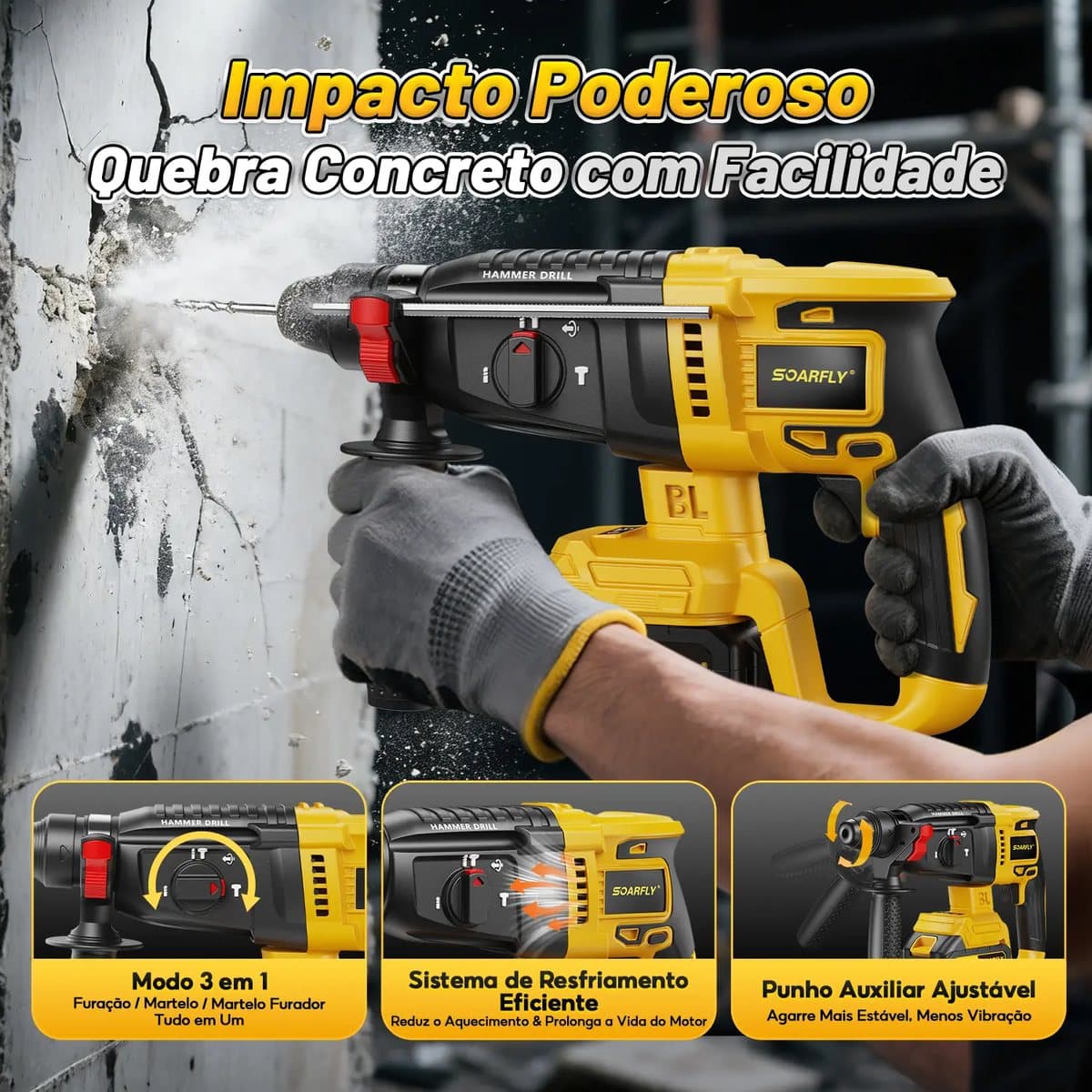 Impacto poderoso: quebra concreto com facilidade — martelete com 3 modos