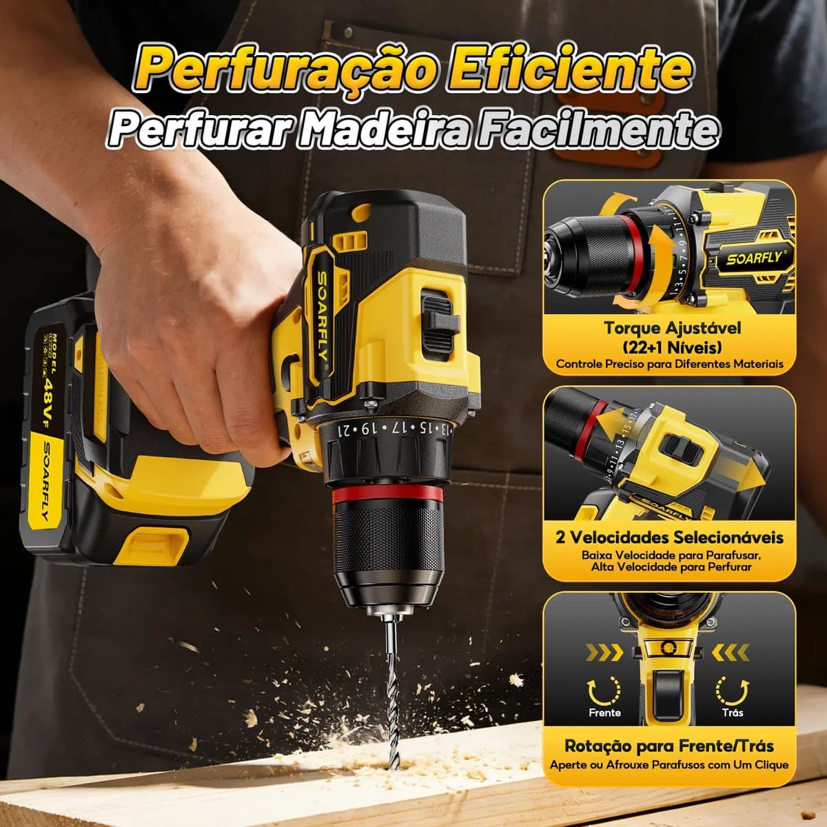 Perfuração eficiente: perfura madeira facilmente com 2 velocidades