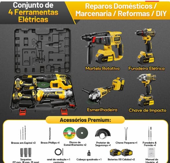 Conjunto de 4 ferramentas elétricas para reparos domésticos, marcenaria, reformas e DIY